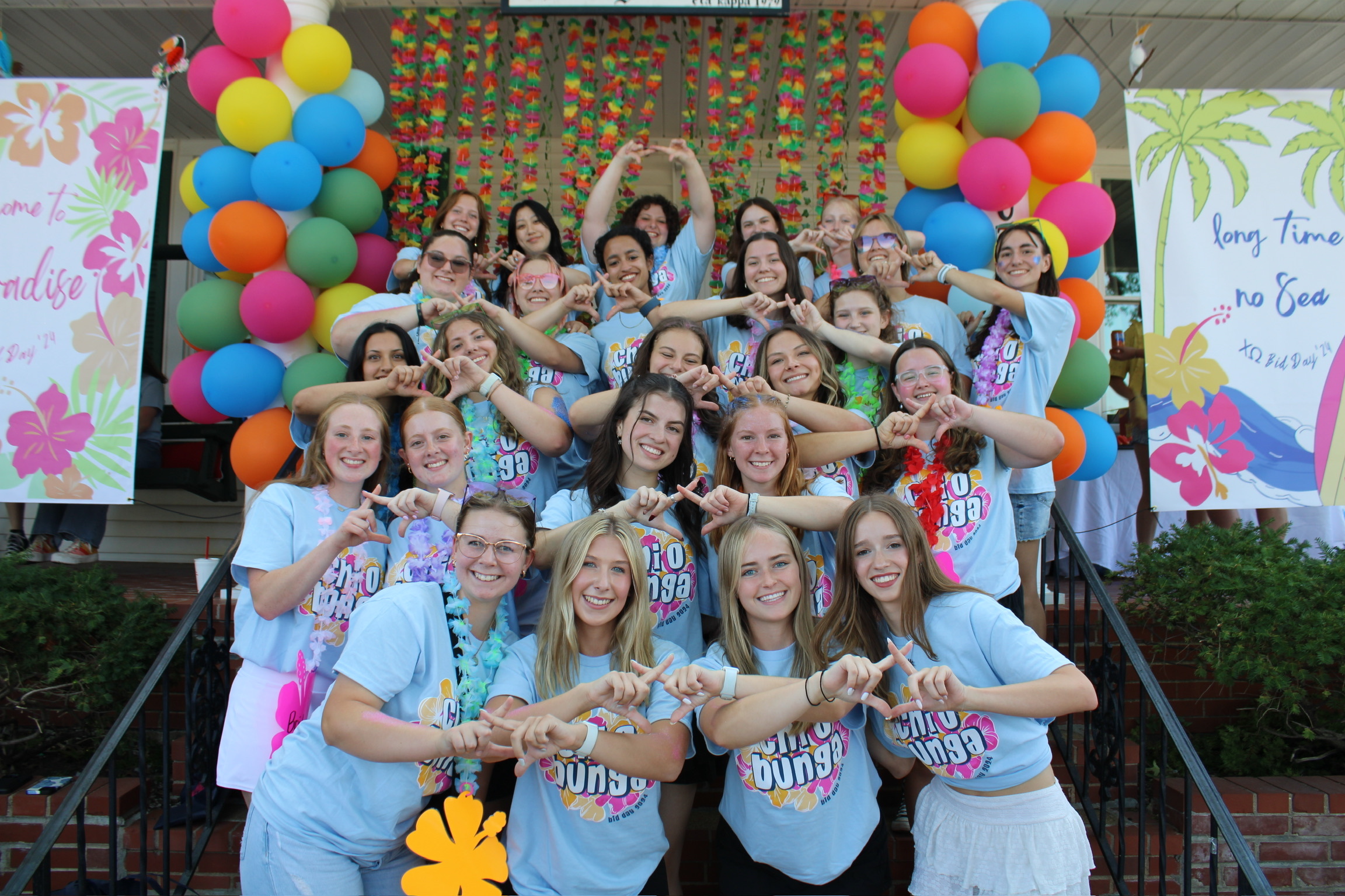 Members of Chi Omega Sorority in front of their house during Fall 2024 Recruitment